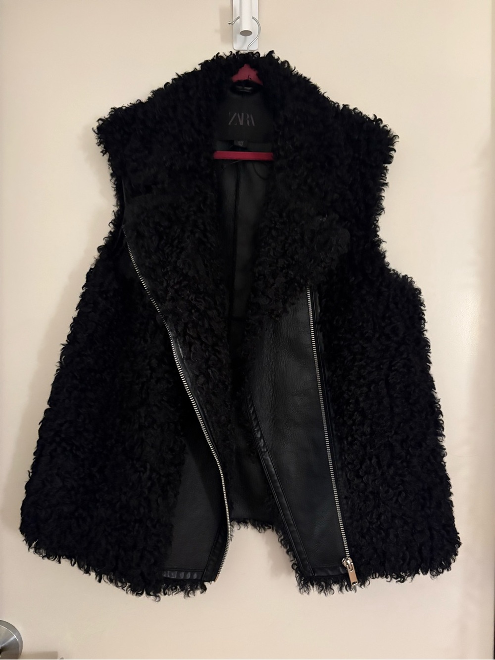 ZARA Black Faux-Shearling Moto Vest with Zip